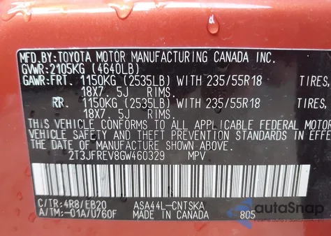 2016 Toyota Rav4 Se from USA, damaged, VIN 2T3JFREV8GW460329